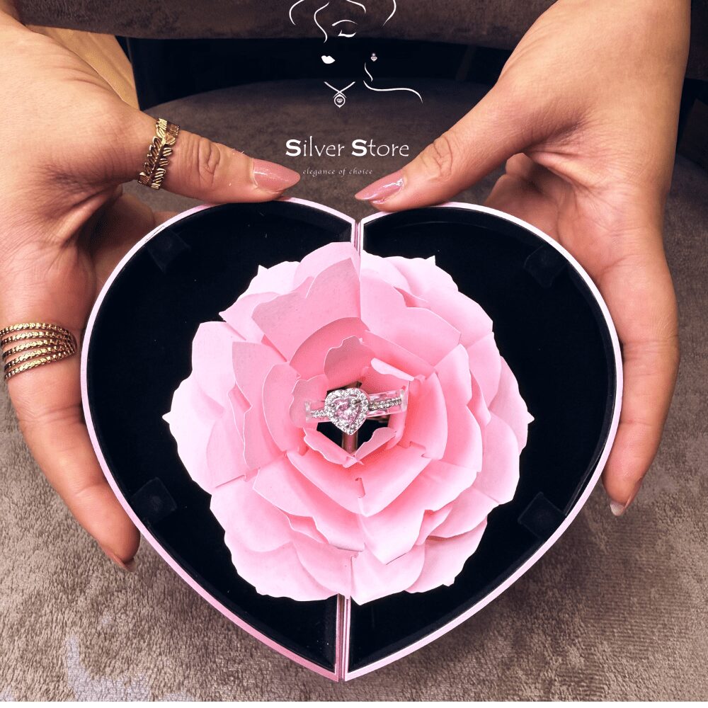 Romantic Heart Silver Ring - Pink