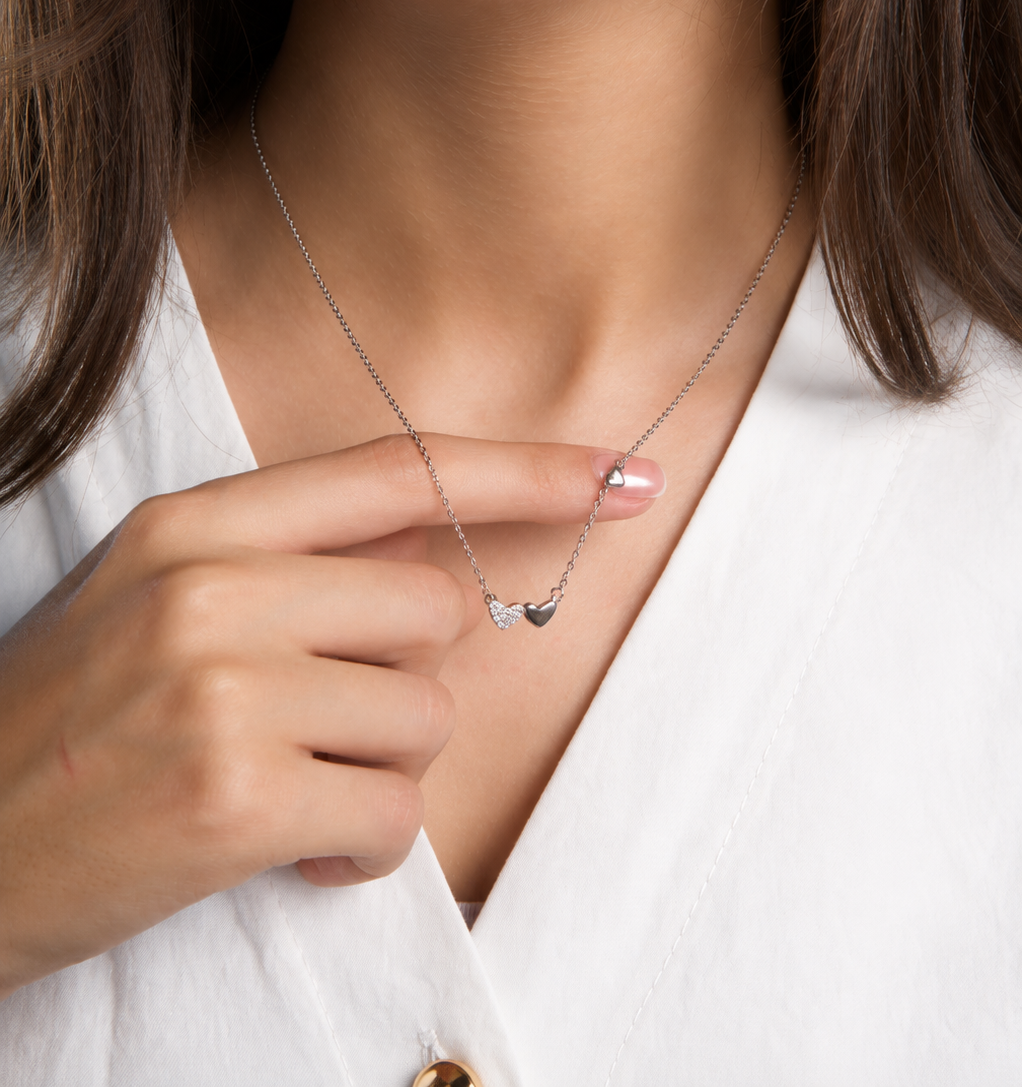 Dual-Heart Silver Pendant Necklace