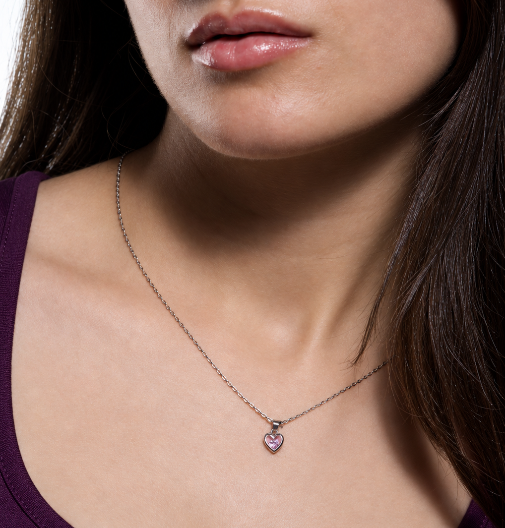 Enchanting Pink Heart Silver Necklace